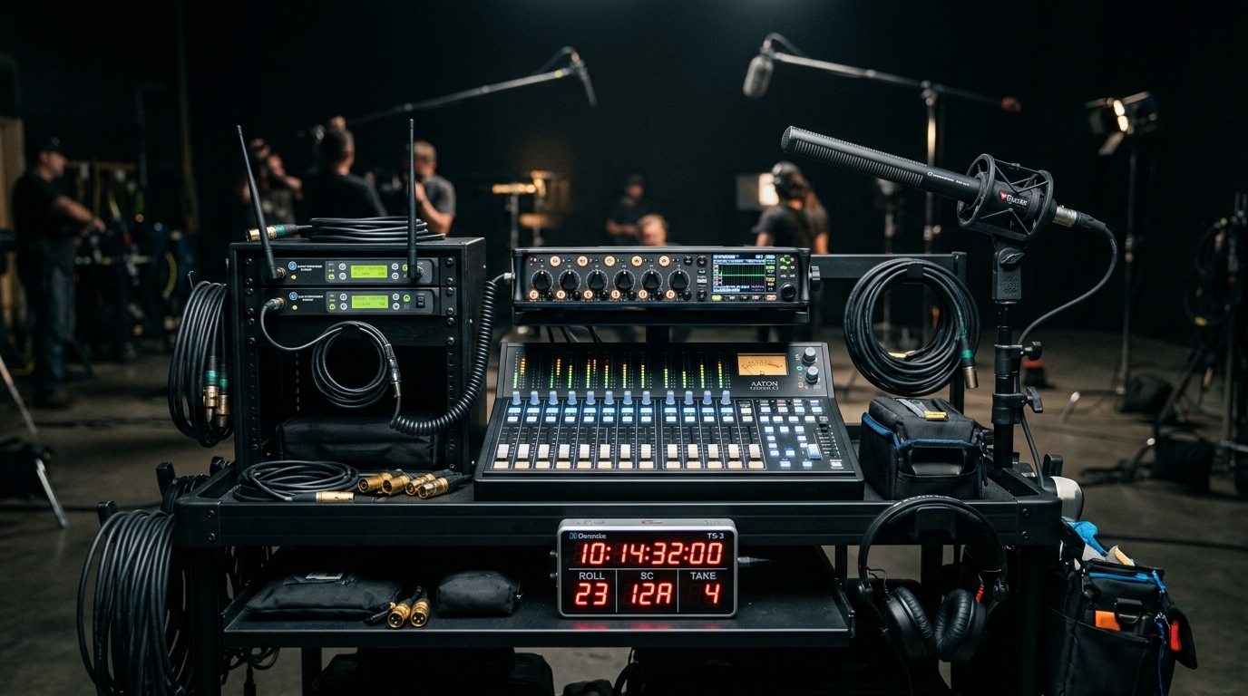 Complete Master Cinema Sound Cart Rig with 16-Channel Console, Denecke Timecode Slate, and RF Mast